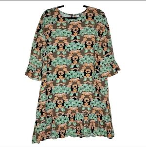 Valija Shift Dress M Multicolor Rayon 3/4 Ruffle Sleeve Hem Mod Retro 60s Belt